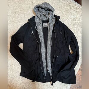 EUC Black jacket with grey hoodie attached